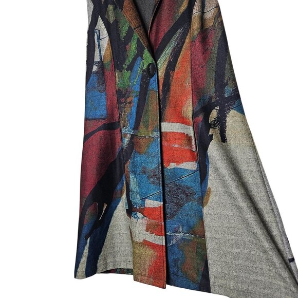 Shana Long Vest Abstract Sleeveless Collared Pockets S Art to Wear Lagenlook - Picture 10 of 11